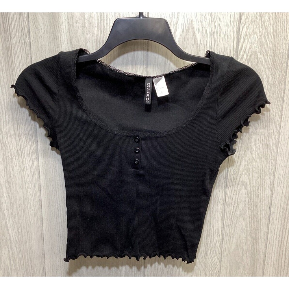 DIVIDED Women's (Size S) Short Sleeve Scoop Neck Ruffle &‎ Button Accent Shirt